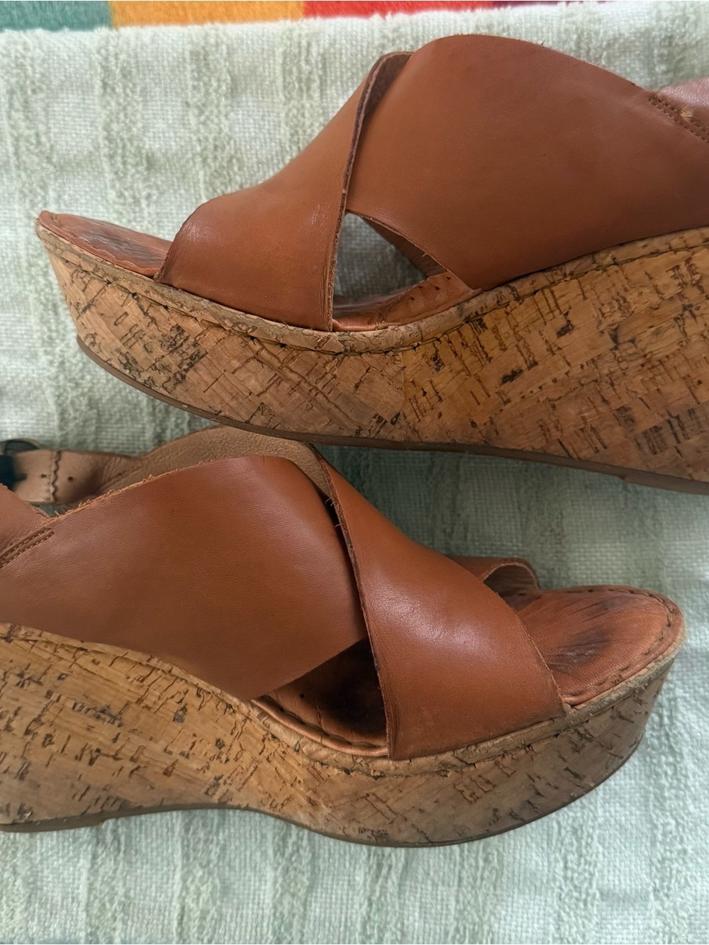 Born Tan Leather Cork Wedge Sandals